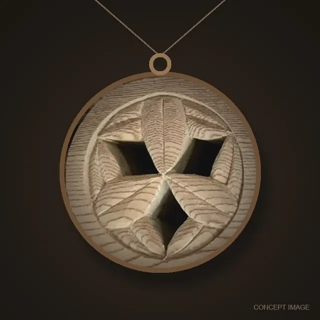 Three-leaf emblem carved in wood, worn as a round pendant