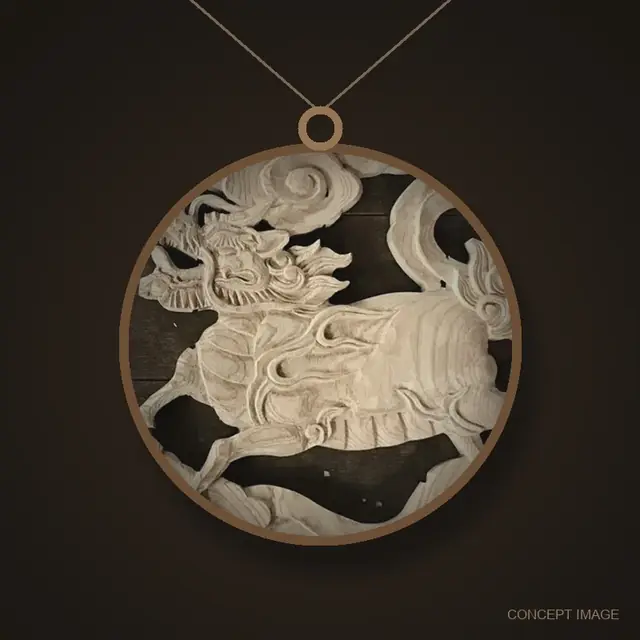 Shishi carved in wood, worn as a round pendant