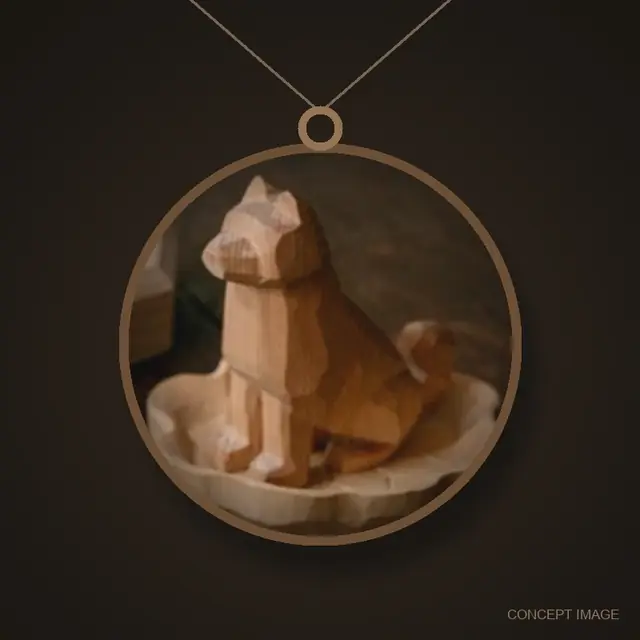 Seated dog carved in wood, worn as a round pendant