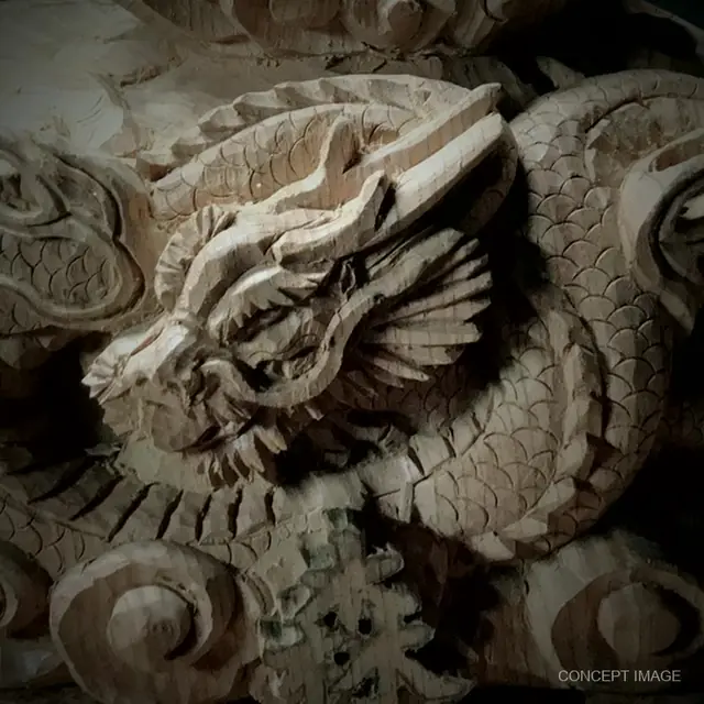 Close-up of a carved wooden dragon