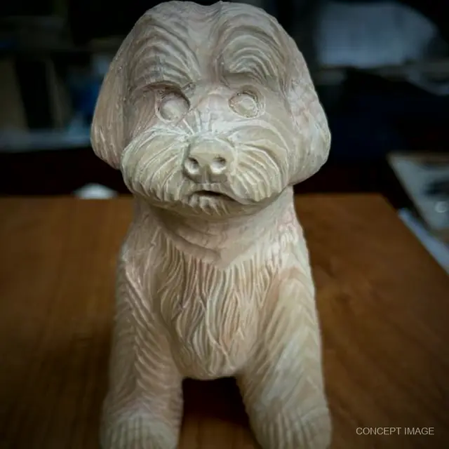 A carved wooden dog with fine fur